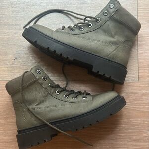 Zara Khaki Leather Lace-Up Boots with Black Soles